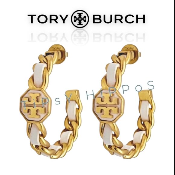 NEW! Tory Burch Marion Gold & White Chain Hoop Earrings - Picture 1 of 3